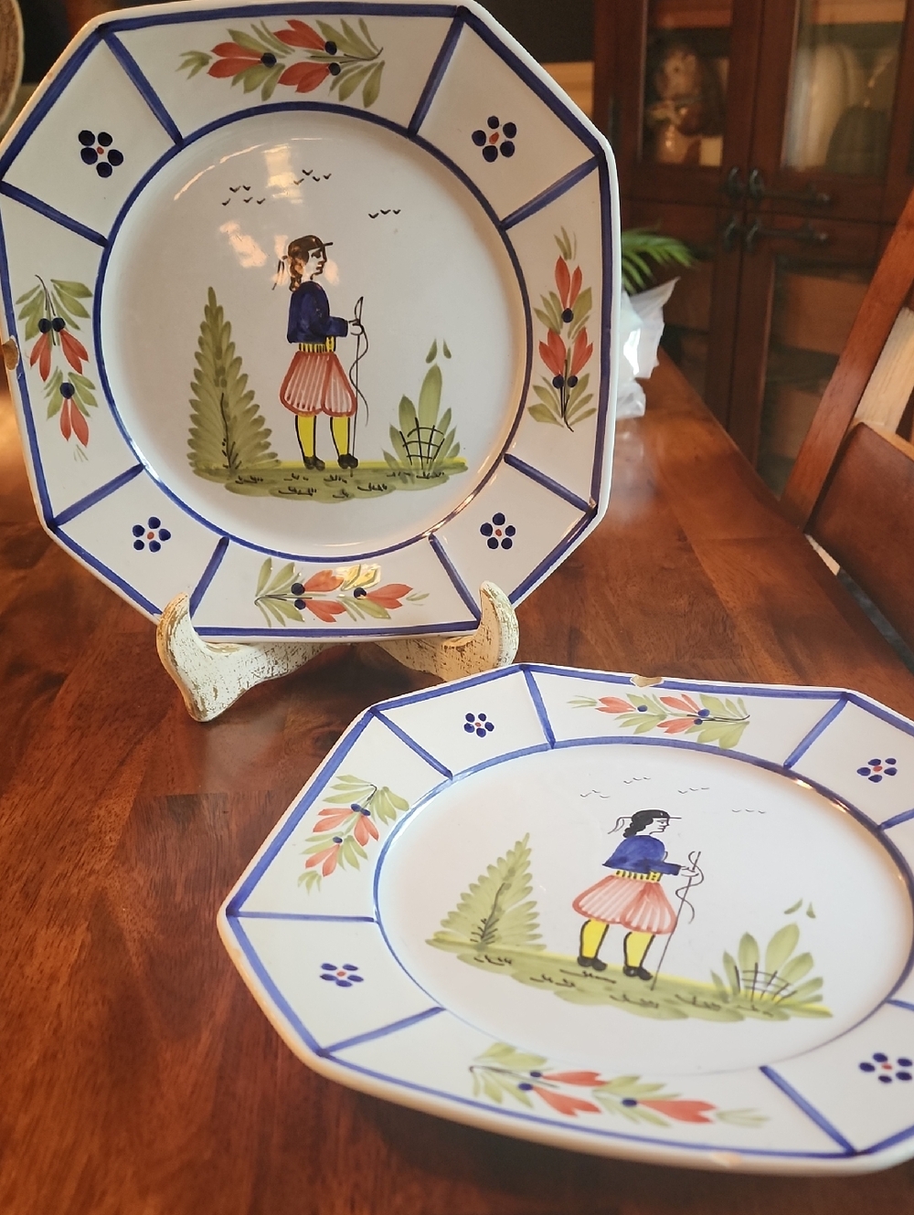 Quimper Faience Set Of Two Plates Mistral Center Blue Octaganol Pair